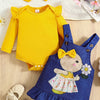 Children's Ruffled Bodysuit and Overall Dress Set with Headband - Yellow
