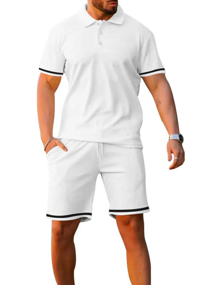 Men's Full Size Contrast Trim Polo and Shorts Set Plus Size - Farnelli