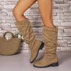 Round Toe Block Heels Boots - Khaki