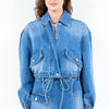 American Bazi Full Size Drop Shoulder Cropped Denim Jacket with Waist Strap Plus Size - Blue