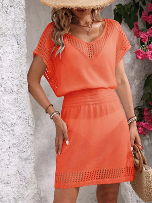 Openwork V-Neck Short Sleeve Cover-Up Dress - Farnelli