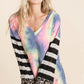 BiBi Tie Dye V Neck Top with Stripe Puff Sleeves - Farnelli