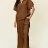 Double Take Full Size Texture Half Zip Short Sleeve Top and Pants Set - Mocha