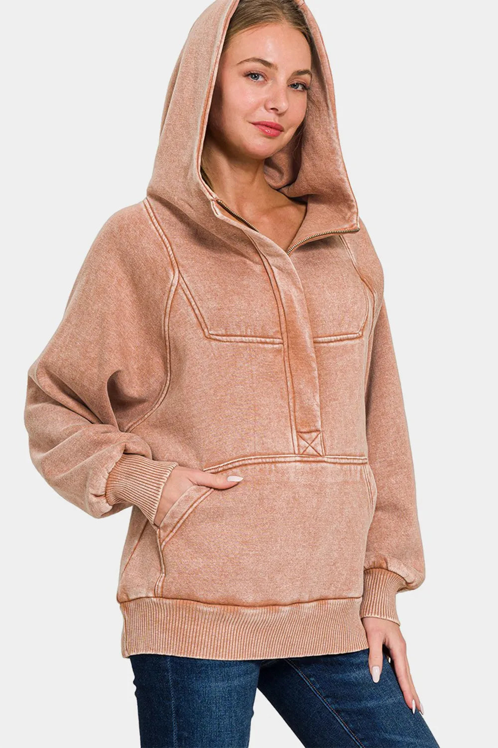 Zenana Acid Wash Fleece Kangaroo Hoodie - Farnelli