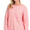 Zenana Melange Hi-low Hem Round Neck Sweater - H DK PINK