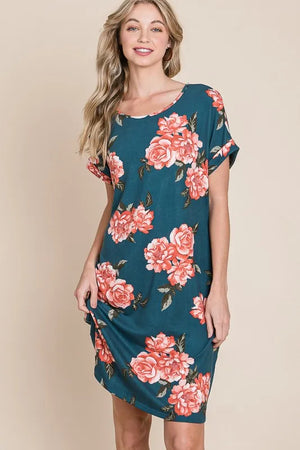 BOMBOM Floral Round Neck Short Tee Dress with Pockets - Farnelli