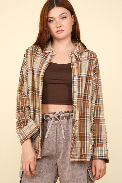 VERY J Contrast Plaid Raw Detail Shirt - Farnelli