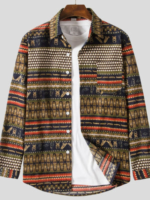 Men's Vintage Ethnic Print Button Down Shirt - Farnelli