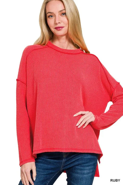 Zenana Full Size Exposed Seam Long Sleeve Corded Rib Knit Top Plus Size - Farnelli
