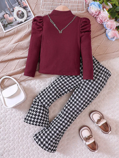Children's Long Sleeve Top & Houndstooth Pants Set - Farnelli