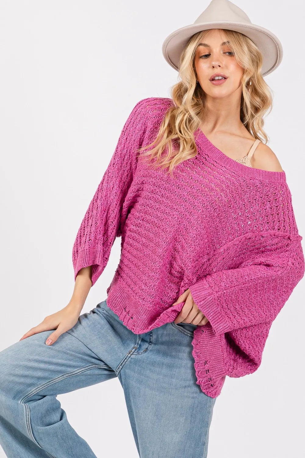 SAGE + FIG Distressed Asymmetrical Open Stitch Sweater - Farnelli
