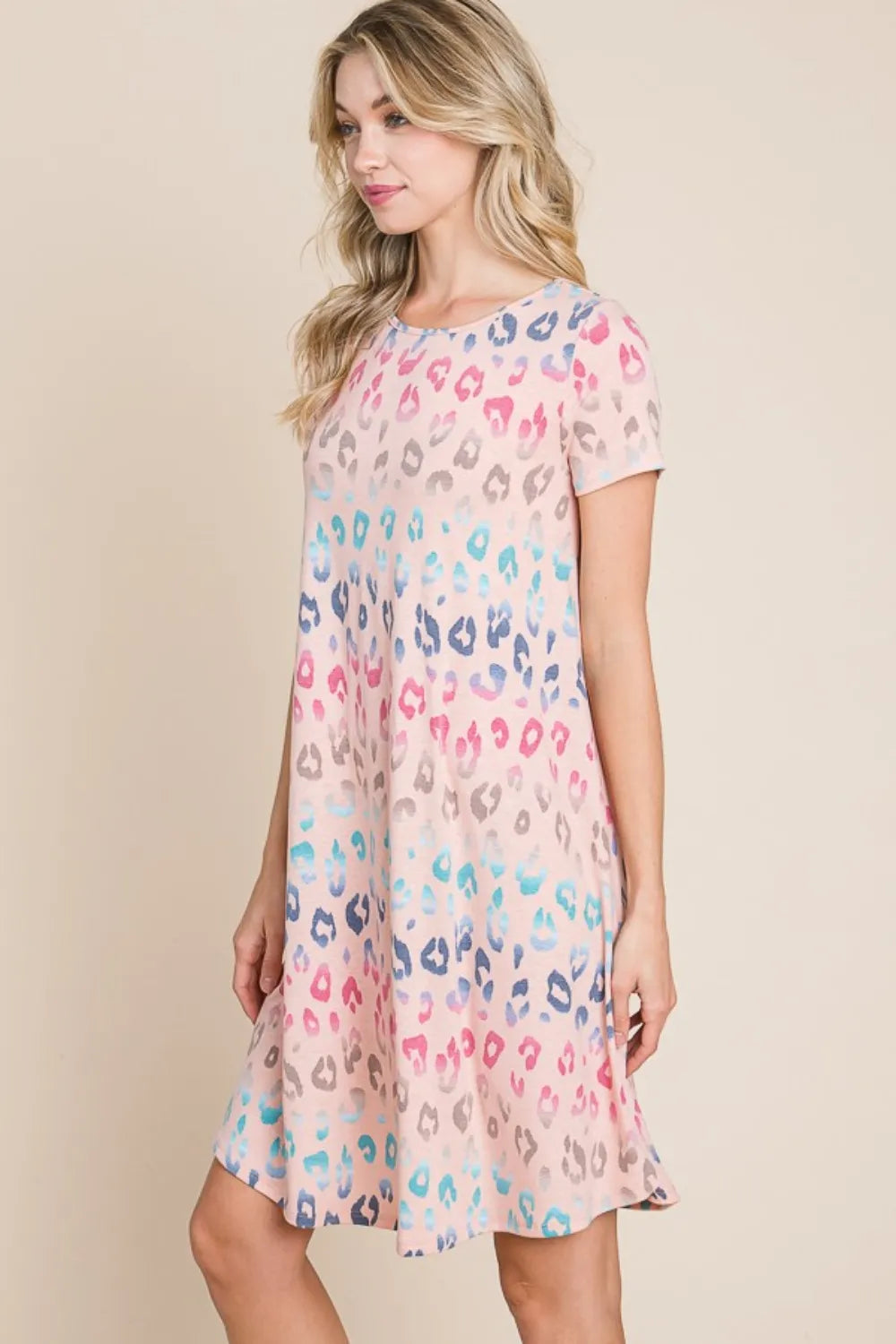 BOMBOM Leopard Round Neck Short Sleeve Dress - Farnelli