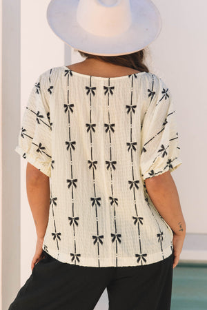 Aviana Bow Print Puff Short Sleeve Top - Farnelli