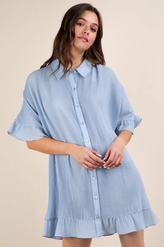 VERY J Pleated Detail Button Down Mini Dress - Farnelli