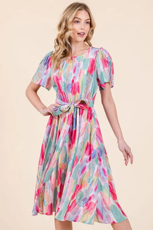 Lime 'N' Chili Watercolor Print Tie Front Midi Dress - Farnelli