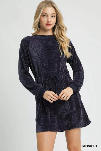 Umgee Velour Drawstring Mini Dress with Long Sleeves - Farnelli