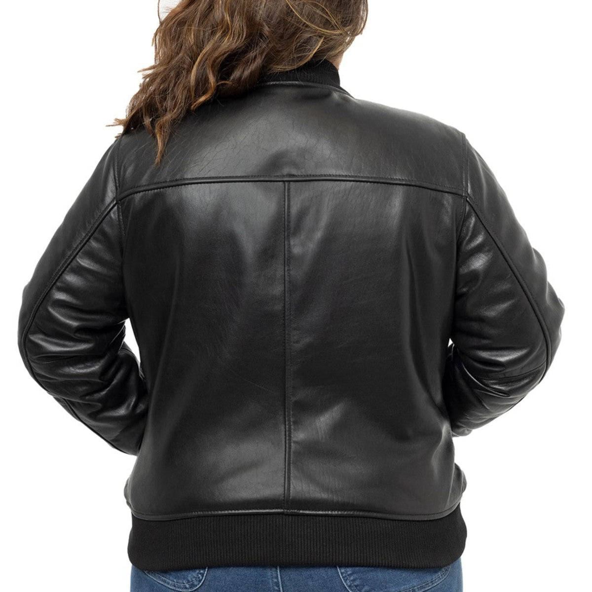 Back view of Whet Blu NYC Dani women's fashion leather bomber jacket in black leather