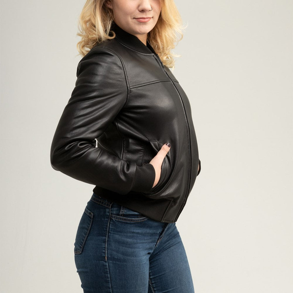 Whet Blu NYC Dani women's leather bomber jacket side view