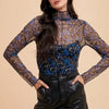 Annie Wear Floral Lettuce Hem Sheer Mesh Top - Black/Blue