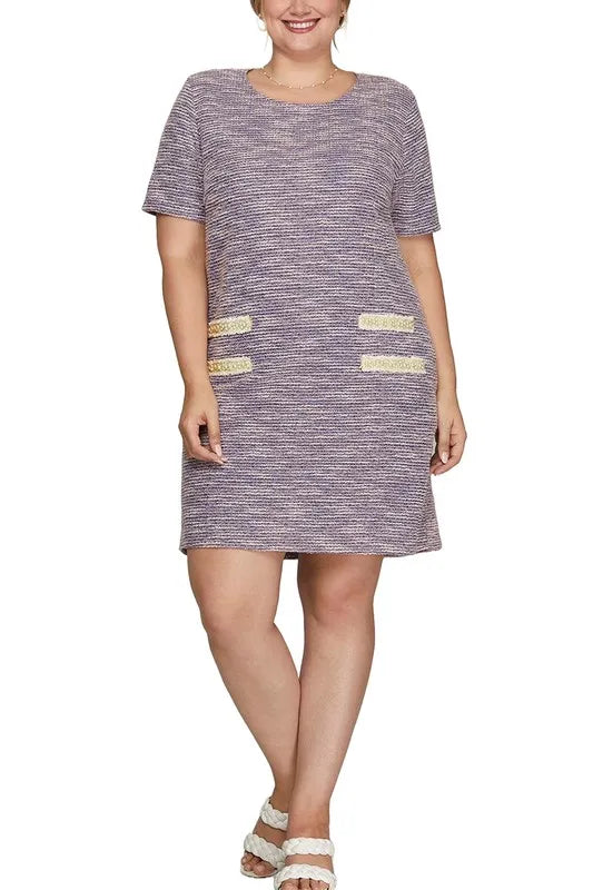 She + Sky Full Size Short Sleeve Pearl Studded Trim Knit Tweed Dress Plus Size - Farnelli