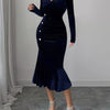 Long Sleeve V-Neck Mermaid Dress - Navy