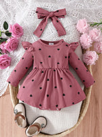 Children's Heart Print Ruffle Trim Bodysuit Dress with Headband - Farnelli