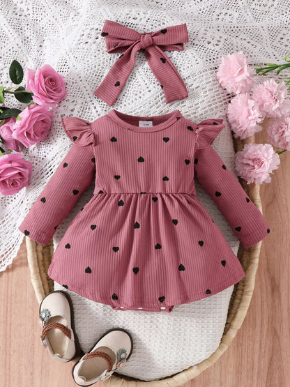 Children's Heart Print Ruffle Trim Bodysuit Dress with Headband - Farnelli