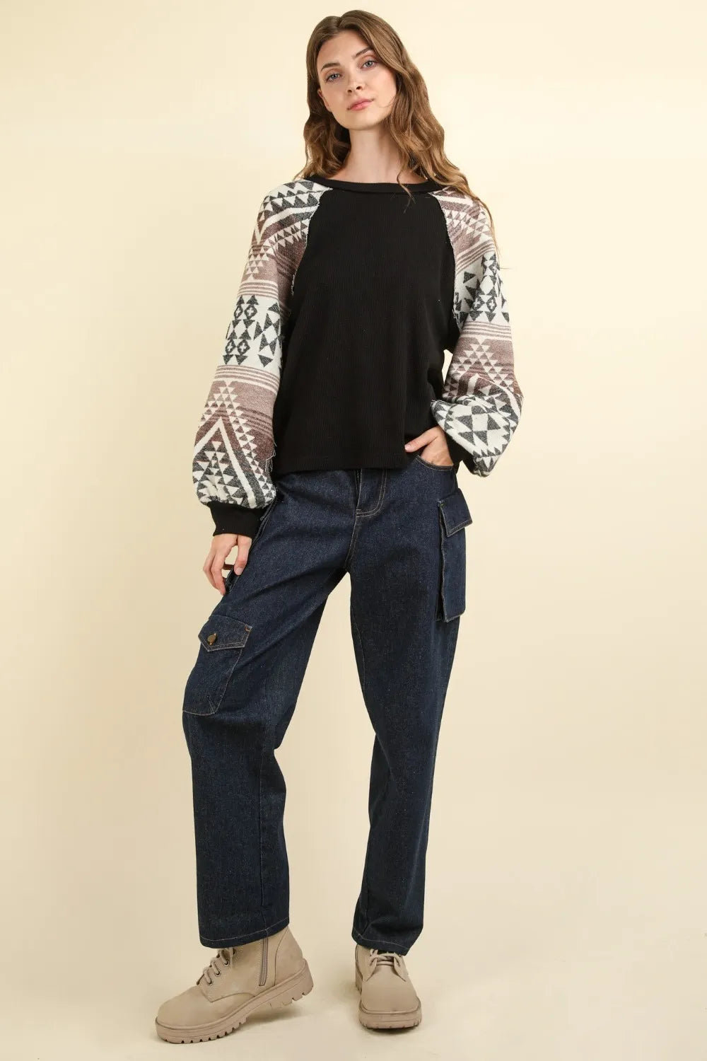 VERY J Printed Long Sleeve Round Neck Knit Top - Farnelli