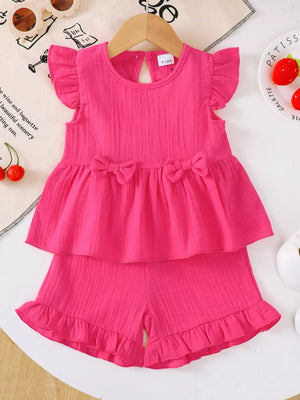 Children's Ruffle Trim Bowknot Top & Shorts Set - Farnelli