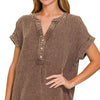 Zenana Washed Double Gauze 3/4 Button Henley Neck Shirt - BROWN