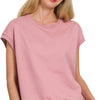 Zenana French Terry Round Neck Cap Sleeve T-Shirt - LT ROSE