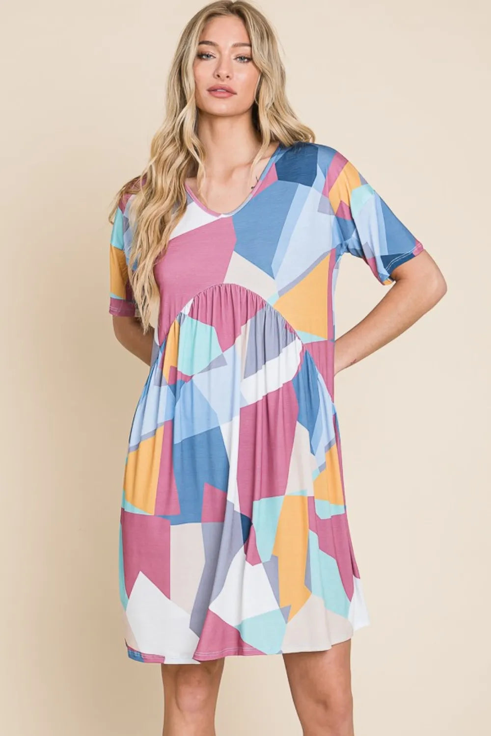 BOMBOM Ruched Color Block Short Sleeve Dress - Farnelli