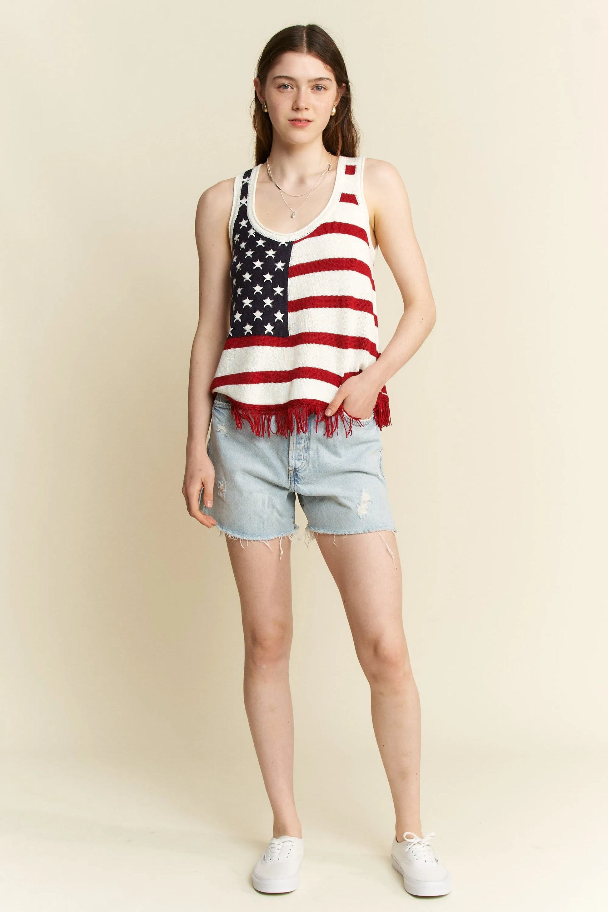 Jade By Jane Full Size American Flag Fringe Tank Top Plus Size - Farnelli