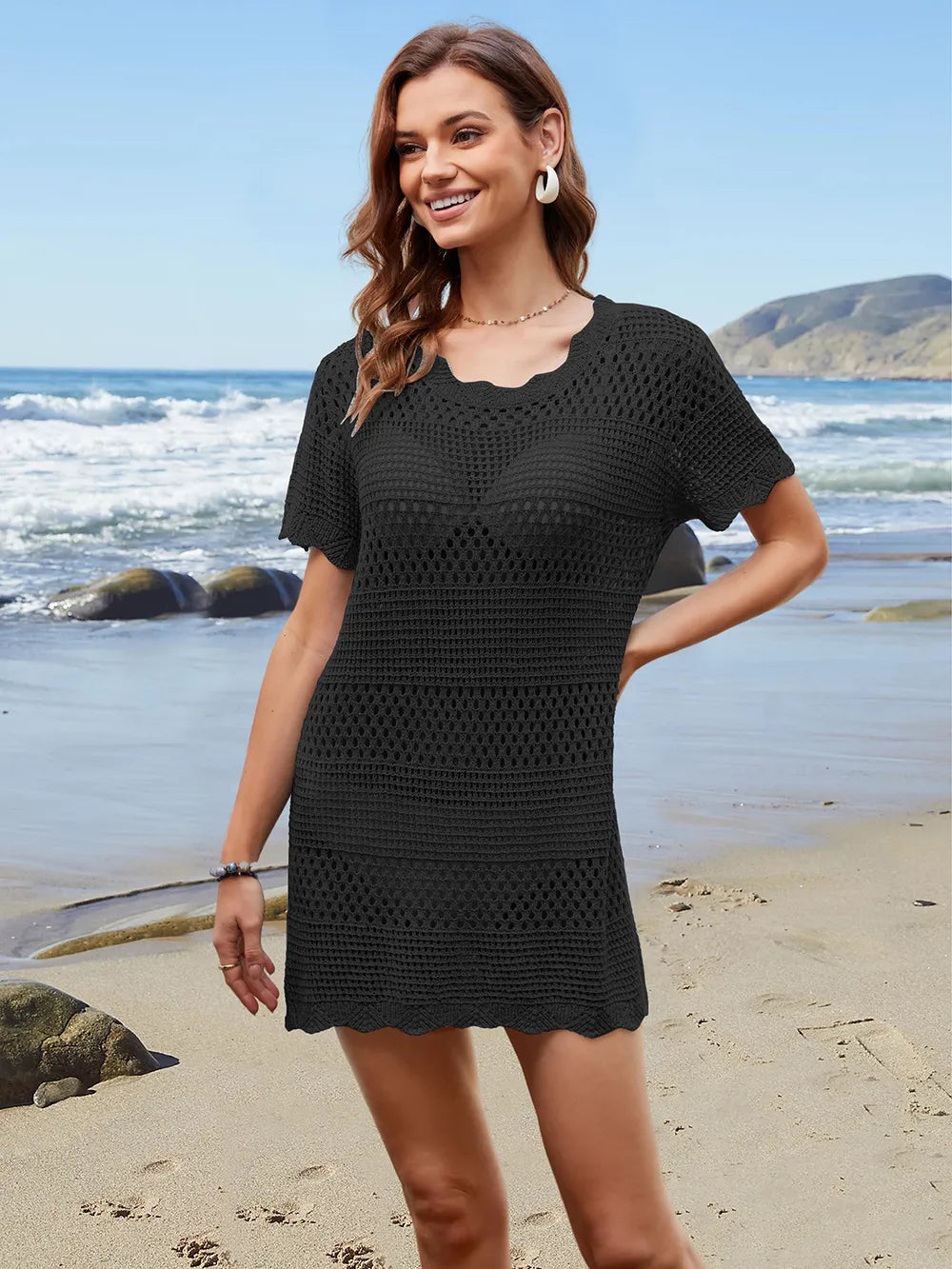 Openwork Round Neck Short Sleeve Cover-UP - Farnelli