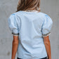 Mila Contrast Leopard Trim Split Neck Puff Sleeve Blouse - Farnelli