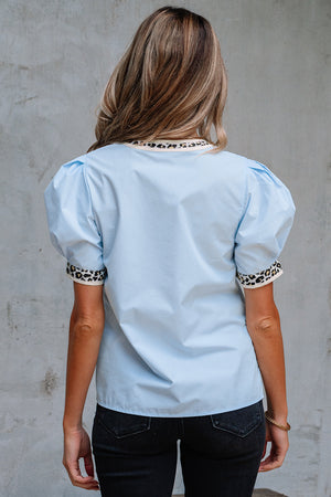 Mila Contrast Leopard Trim Split Neck Puff Sleeve Blouse - Farnelli