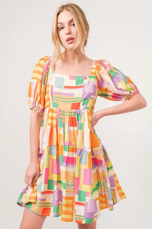And The Why Square Neck Puff Sleeve Geo Printed Mini Dress - Farnelli