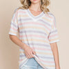 BOMBOM Striped V-Neck Short Sleeve T-Shirt - Stripe