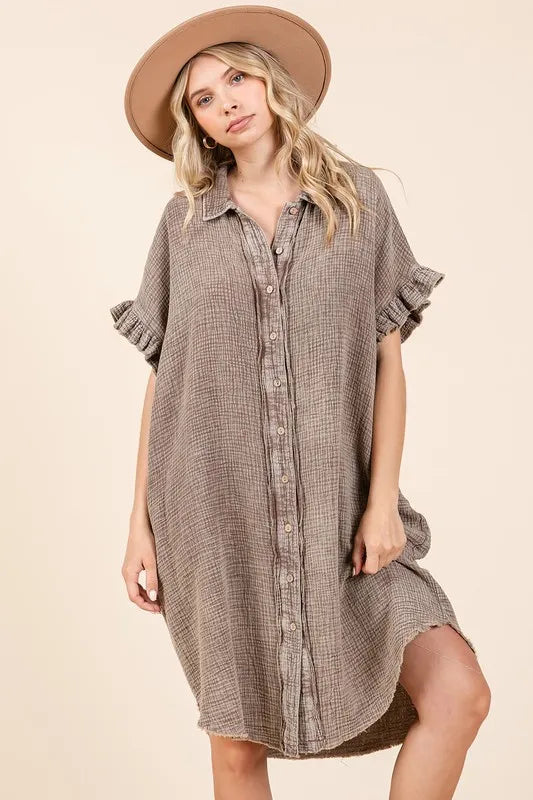 Mittoshop Mineral Wash Cotton Gauze Mini Shirt Dress - Farnelli