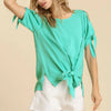 Umgee Cold Shoulder Short Sleeve Round Neck Top with Side Slits and Tie-able Knot Details - EMERALD