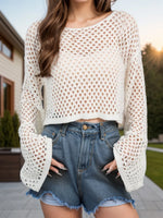 Openwork Round Neck Long Sleeve Cover Up - Farnelli
