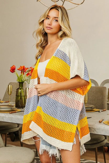 BiBi Openwork Striped Open Front Knit Cardigan - Farnelli