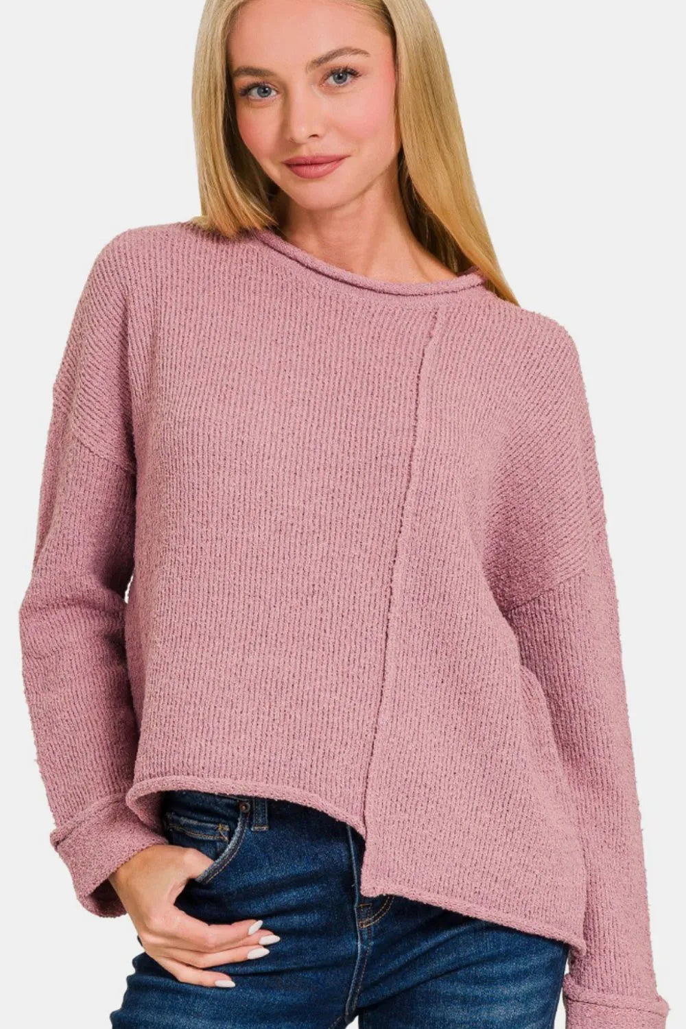 Zenana Asymmetric Hem Drop Shoulder Sweater - Farnelli