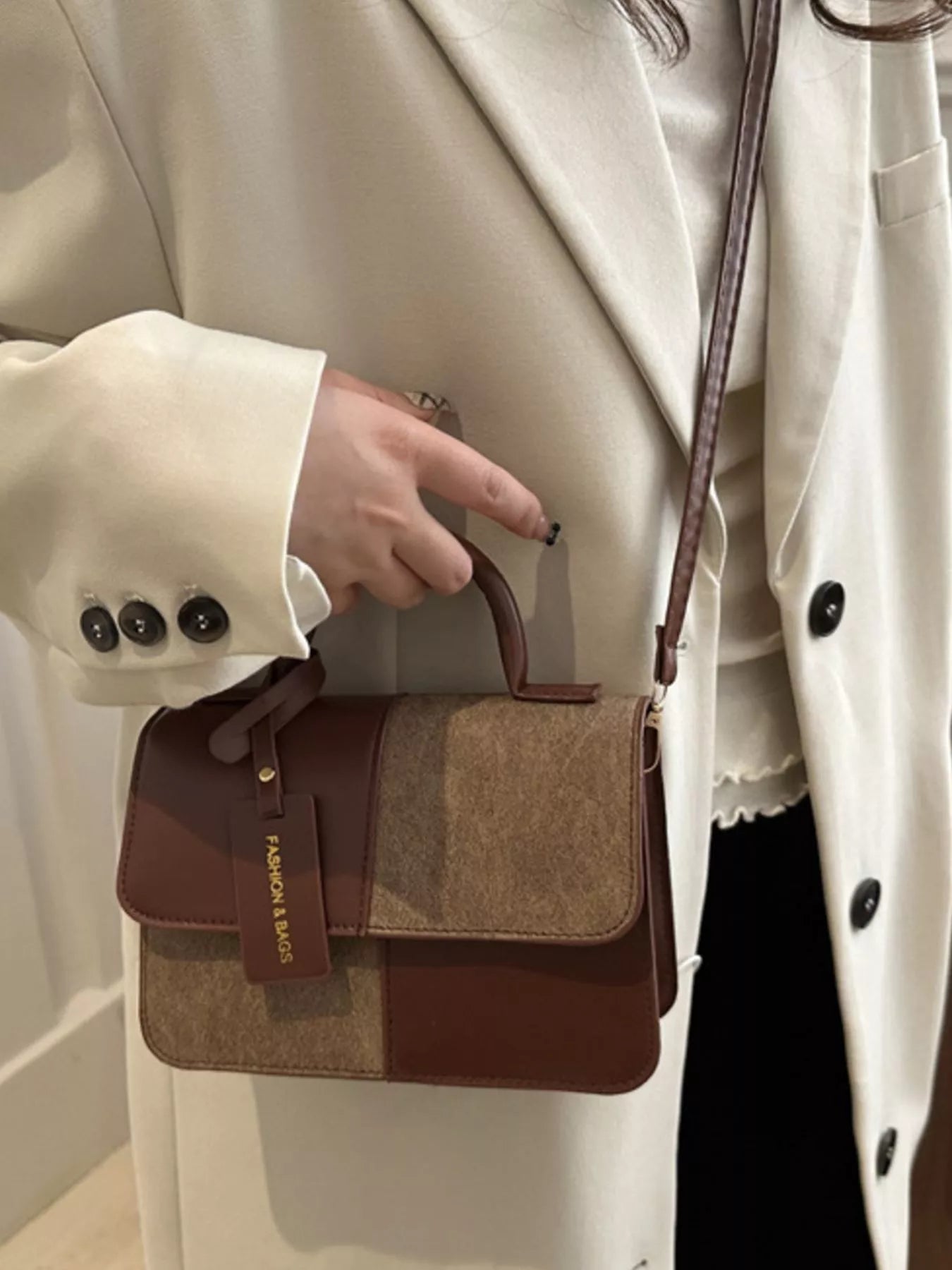 Color Block Flap Crossbody Bag with Top Handle - Farnelli