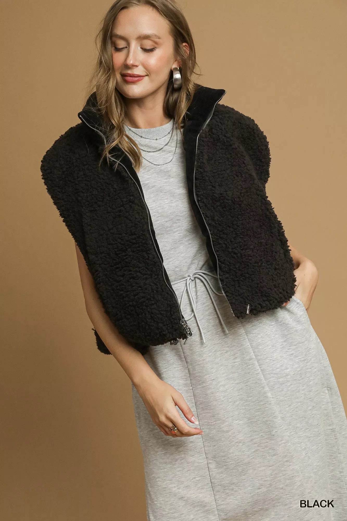 Umgee Sherpa-Lined Zip Vest with Drawstring Hem - Farnelli