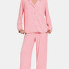 Zenana Button Down Long Sleeve Top and Pants Lounge Set - Pink