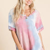 BiBi Tie Dye French Terry Top With Buttoned Placket - PINK MULTI