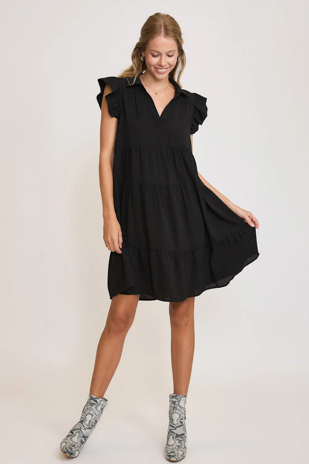 Umgee Full Size Johnny Collar Ruffle Cap Sleeve Tiered Dress Plus Size - Farnelli