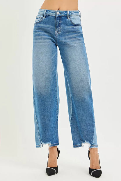 RISEN Full Size Slouchy Cropped Barrel Jeans with Contrast Wash Plus Size - Farnelli