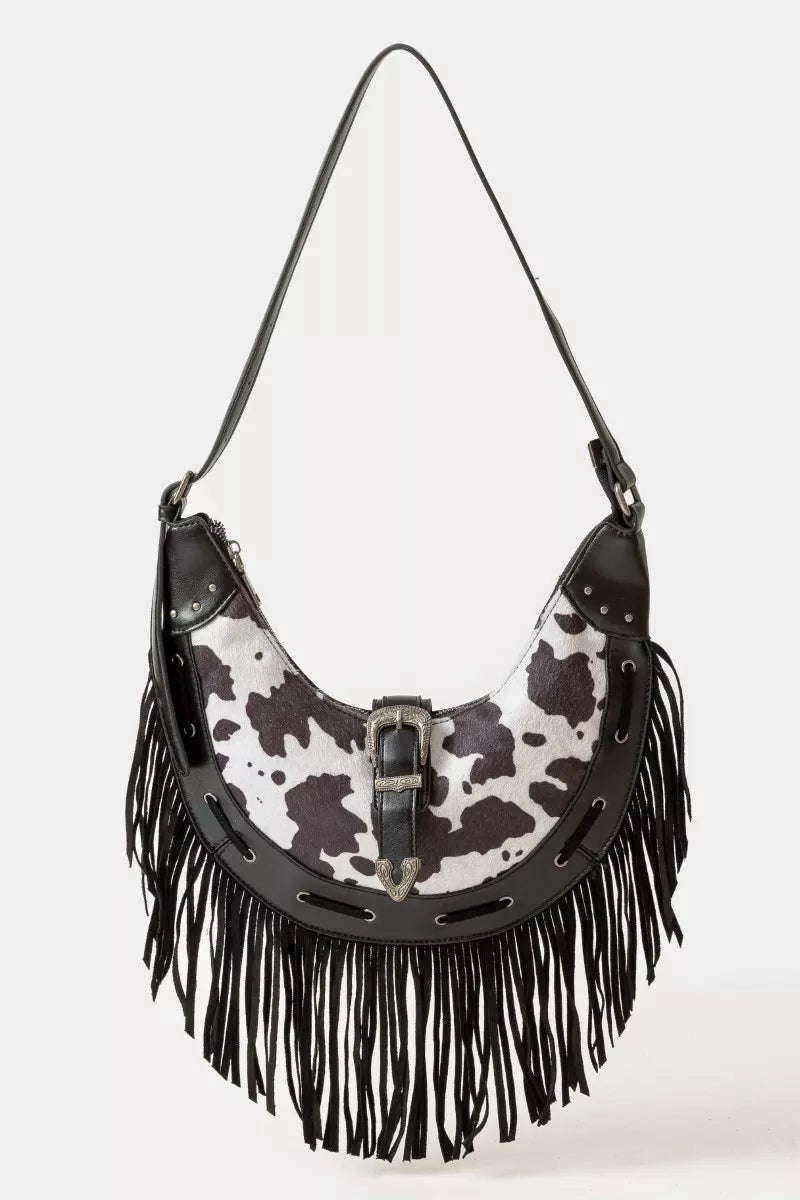 Fame Cow Print Faux Leather Fringe Hobo Bag - Farnelli